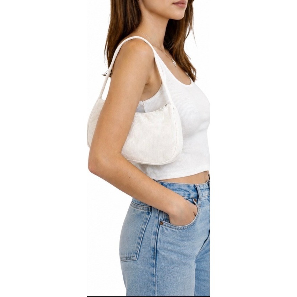 Corduroy Baguette Shoulder Bag White Retro Zip Purse Y2K Indie Minimalist Boho